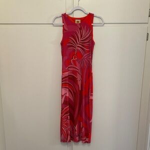 NWT Farm Rio Red Pink Palm Frond Floral Midi Dress Strapless